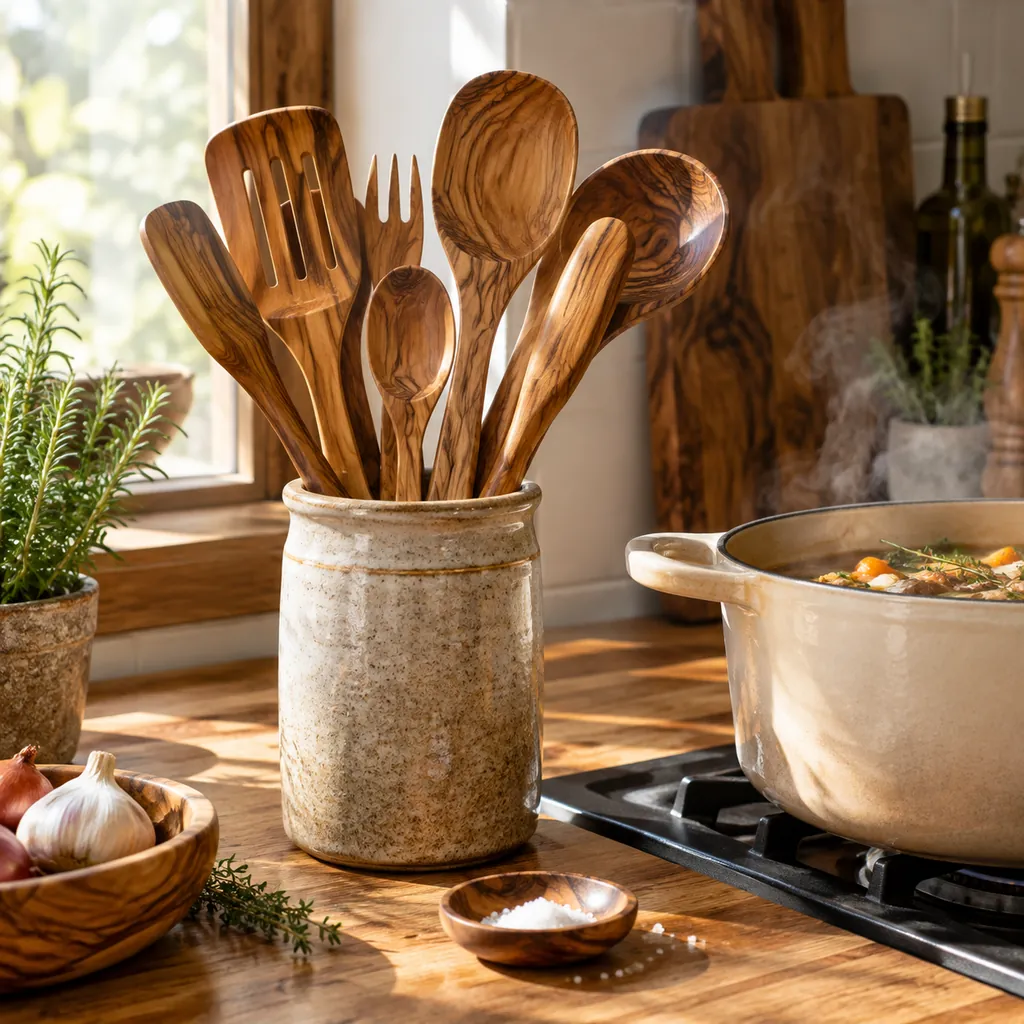 Olive Wood Spoon & Spurtle Set in use